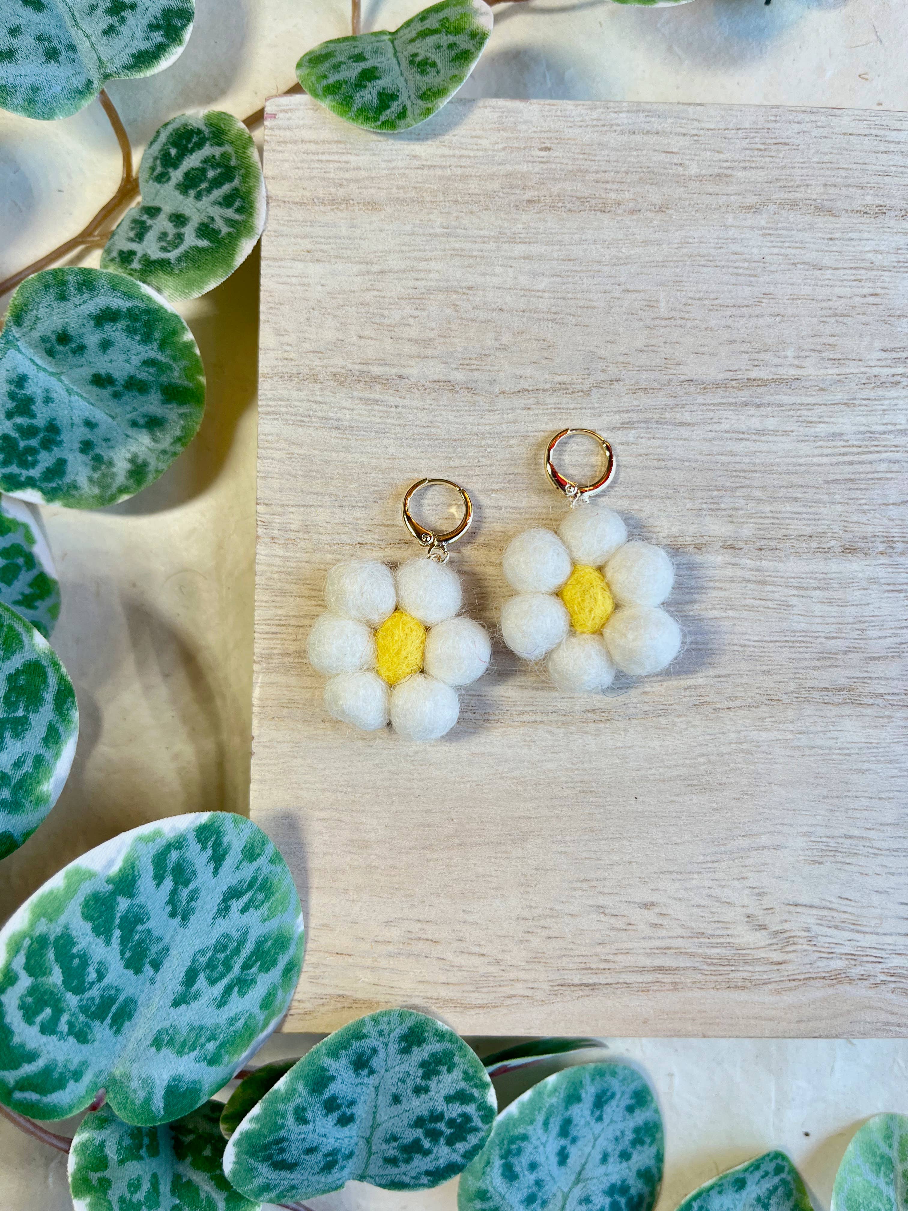 Mini Felted Daisy Earrings - Image 2