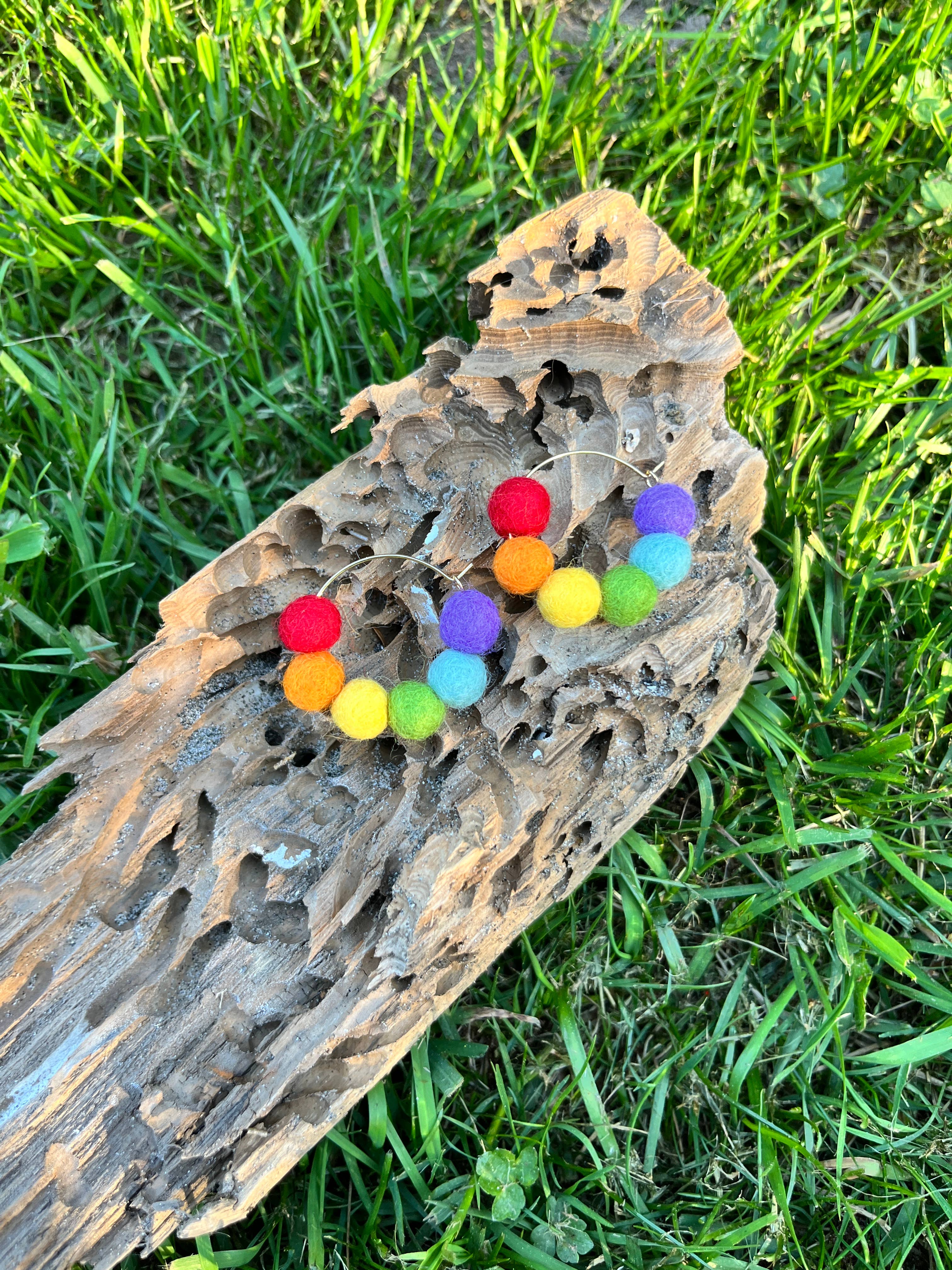 Rainbow Felt Ball Hoop Earring - Image 3